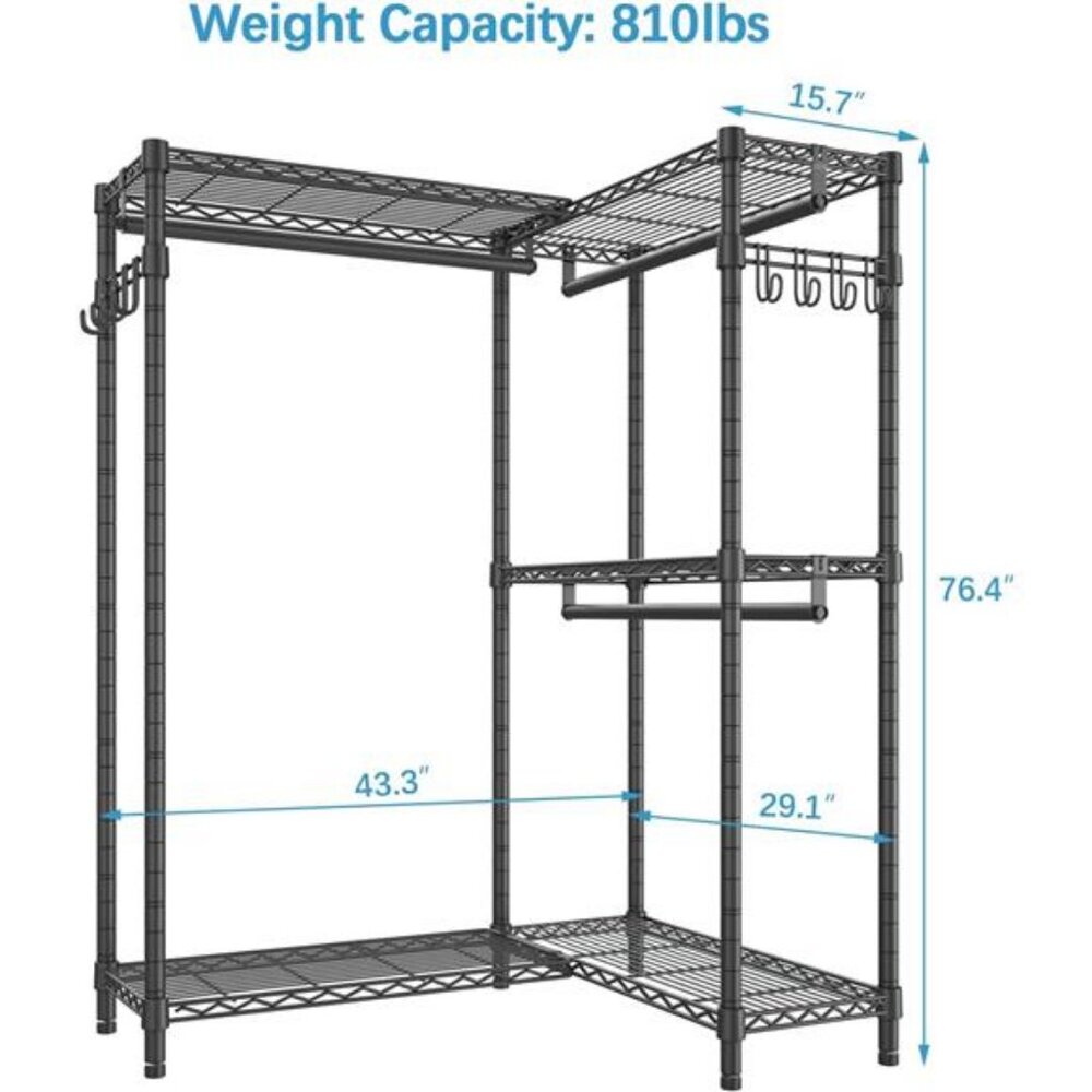 Garment Rack L Shaped Clothes Rack for Corner, Freestanding Portable Wardrobe - Picture 5 of 7